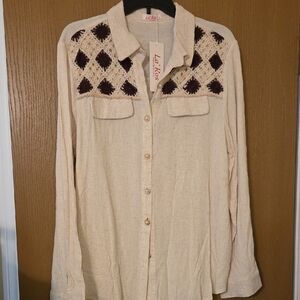 La Rosa NWT Beige Shirt with Brown & Cream Crochet Details